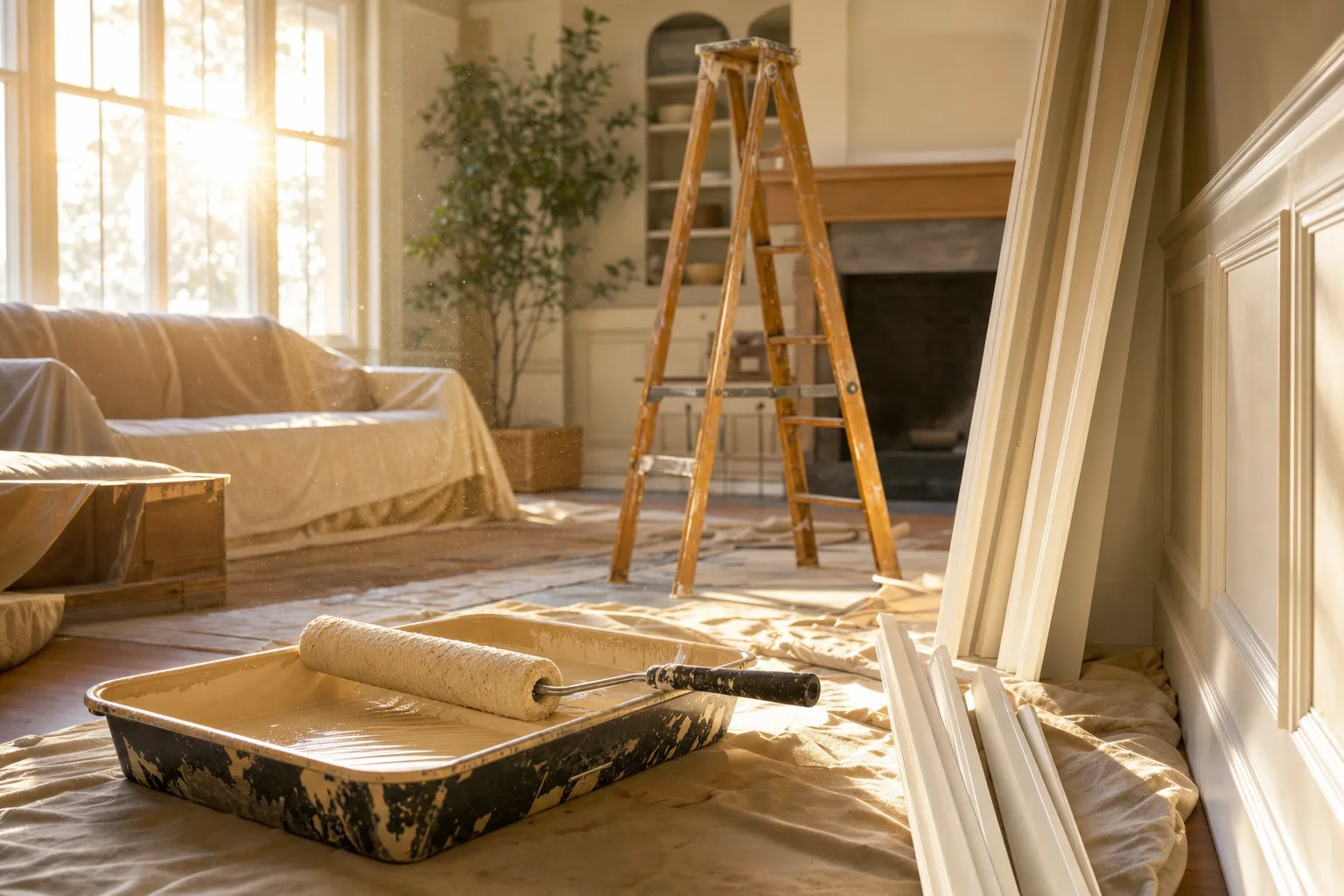 Sunlit living room mid-renovation with a ladder, fresh trim, and a paint tray