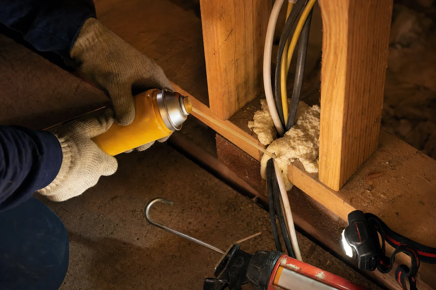 Gloved hands filling a wiring hole through attic framing with expanding foam, caulk gun and headlamp lying nearby
