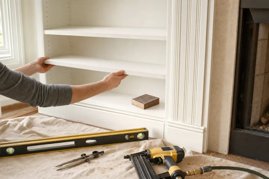 Freshly painted white built-in shelves being fitted into a living room alcove beside painted trim