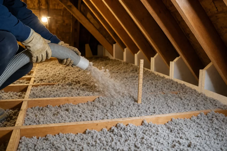 A worker in gloves blowing loose-fill insulation across attic joist bays, a wooden depth ruler standing in the fill