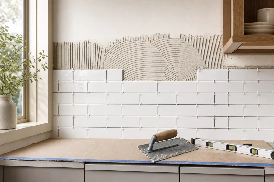 White subway tile being set in combed thinset on a kitchen wall with spacers, a trowel, and a level on the counter