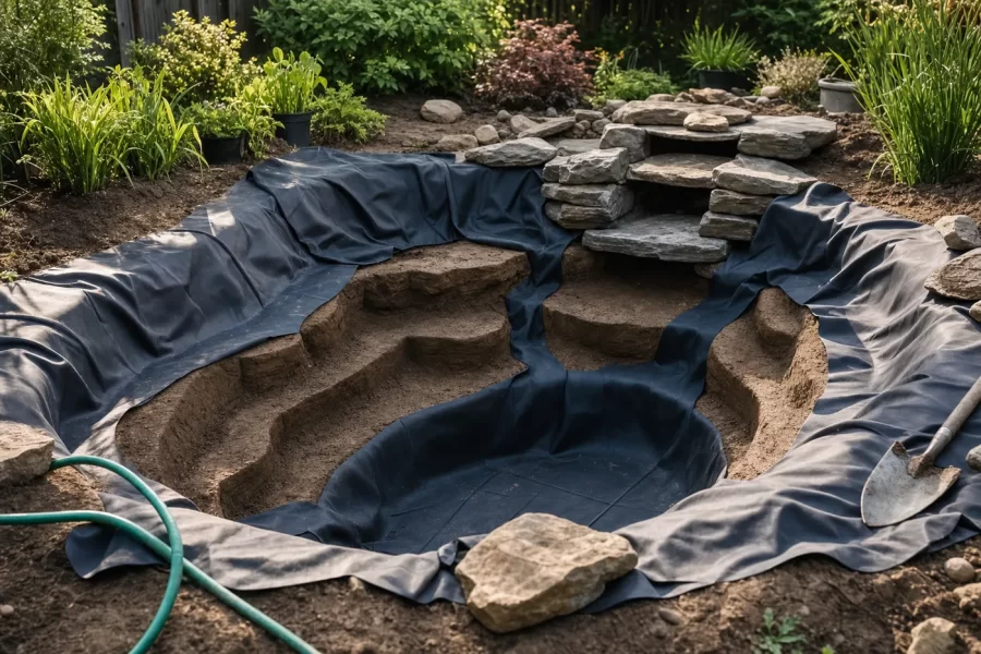 A black EPDM rubber liner draped into a freshly dug pond with tiered shelves, stones stacked for a small waterfall