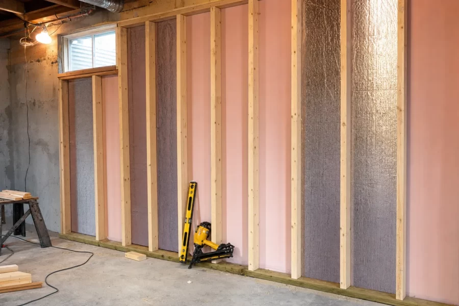 A framed stud wall standing in front of rigid foam insulation panels along an unfinished basement wall