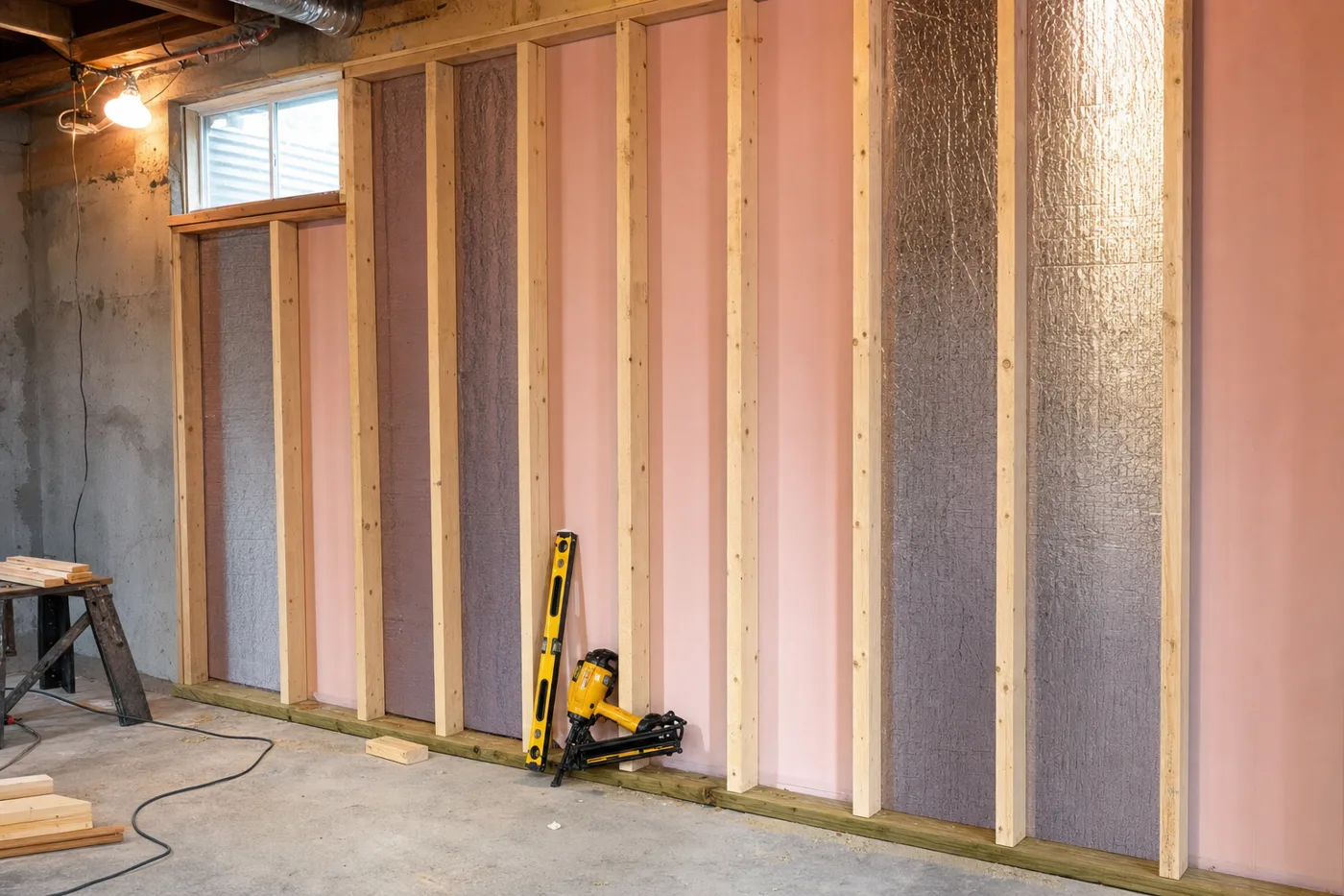 A framed stud wall standing in front of rigid foam insulation panels along an unfinished basement wall