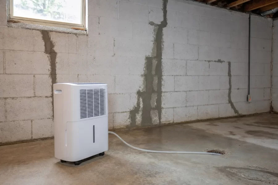 A dehumidifier running on a concrete basement floor beside a masonry wall with patched cracks