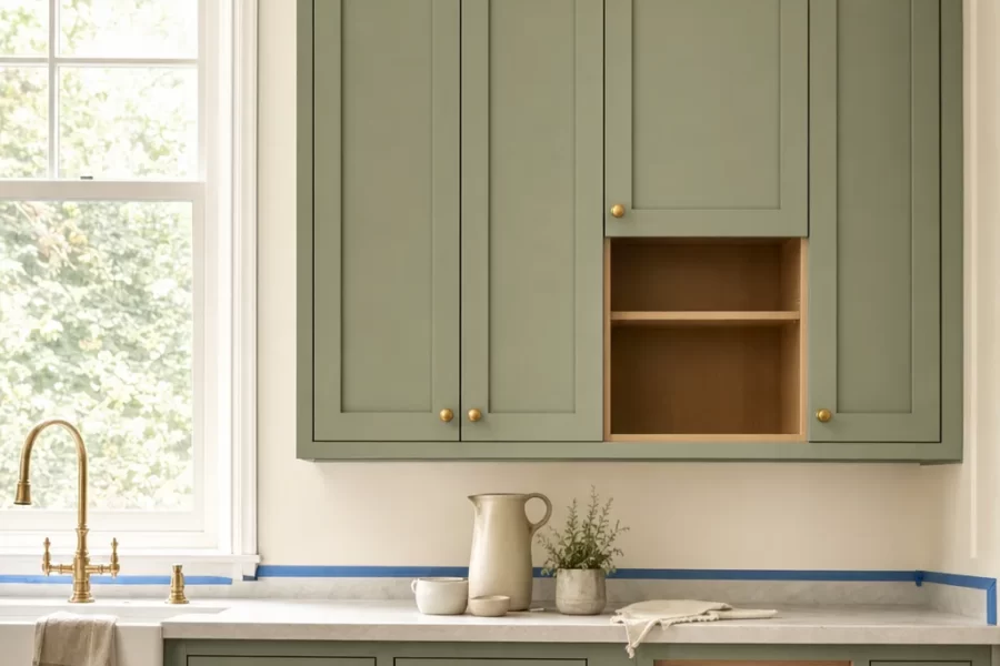 Freshly painted sage green kitchen cabinets with brass hardware, one door drying on sawhorses