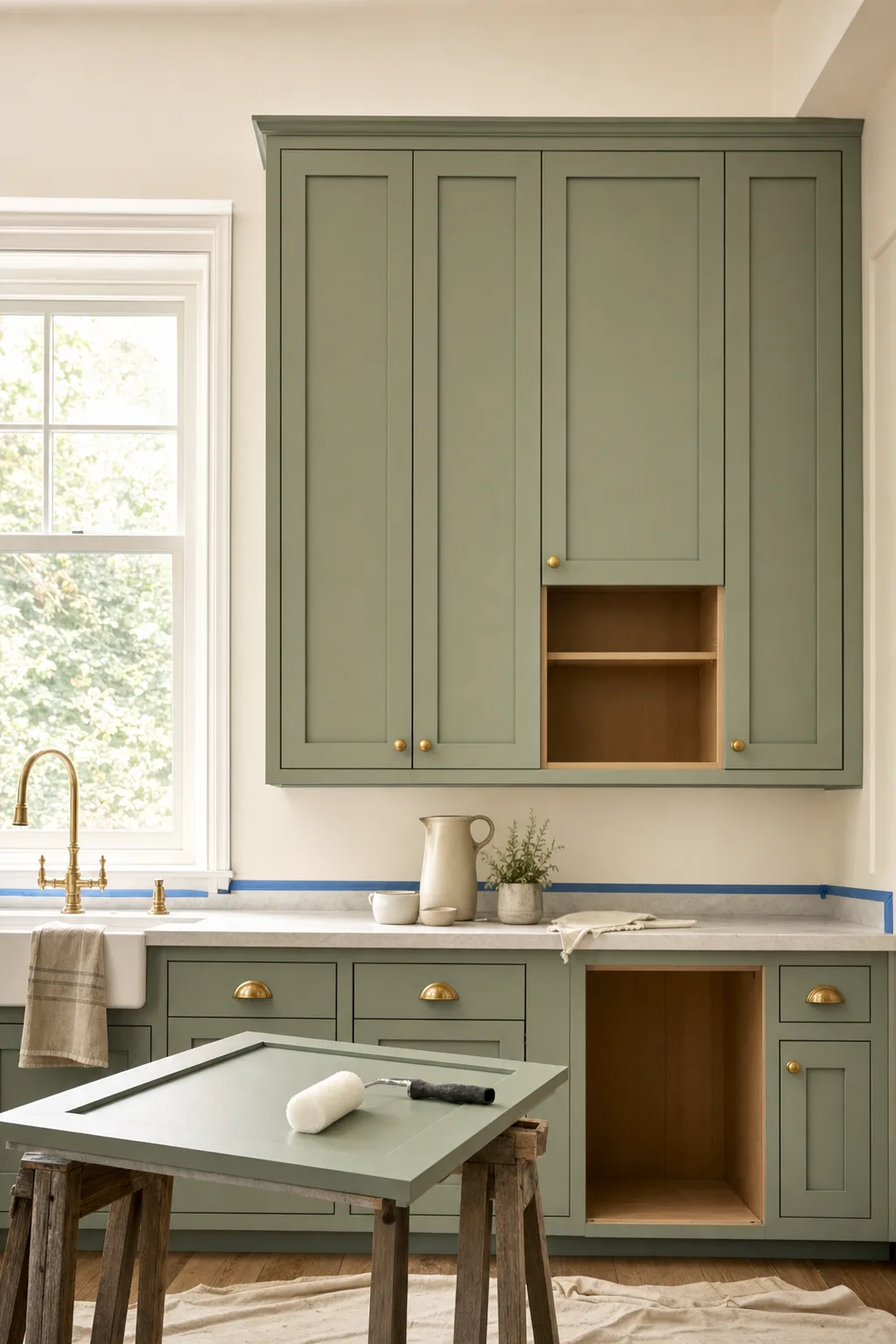 Freshly painted sage green kitchen cabinets with brass hardware, one door drying on sawhorses