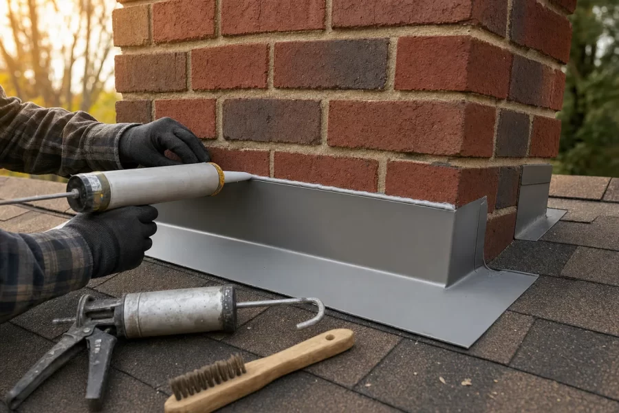 Gloved hands sealing metal flashing at the base of a brick chimney with a caulk gun, wire brush on the shingles
