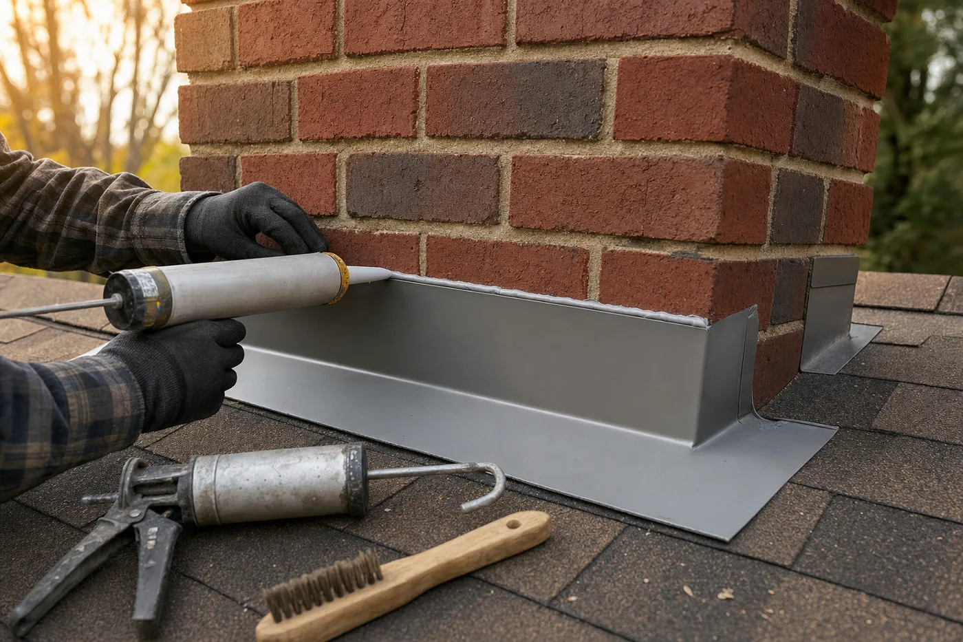 Gloved hands sealing metal flashing at the base of a brick chimney with a caulk gun, wire brush on the shingles