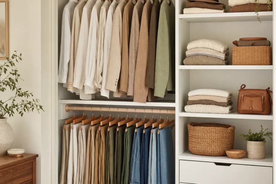 An organized reach-in closet with new white modular shelving, double-hang rods, and labeled baskets