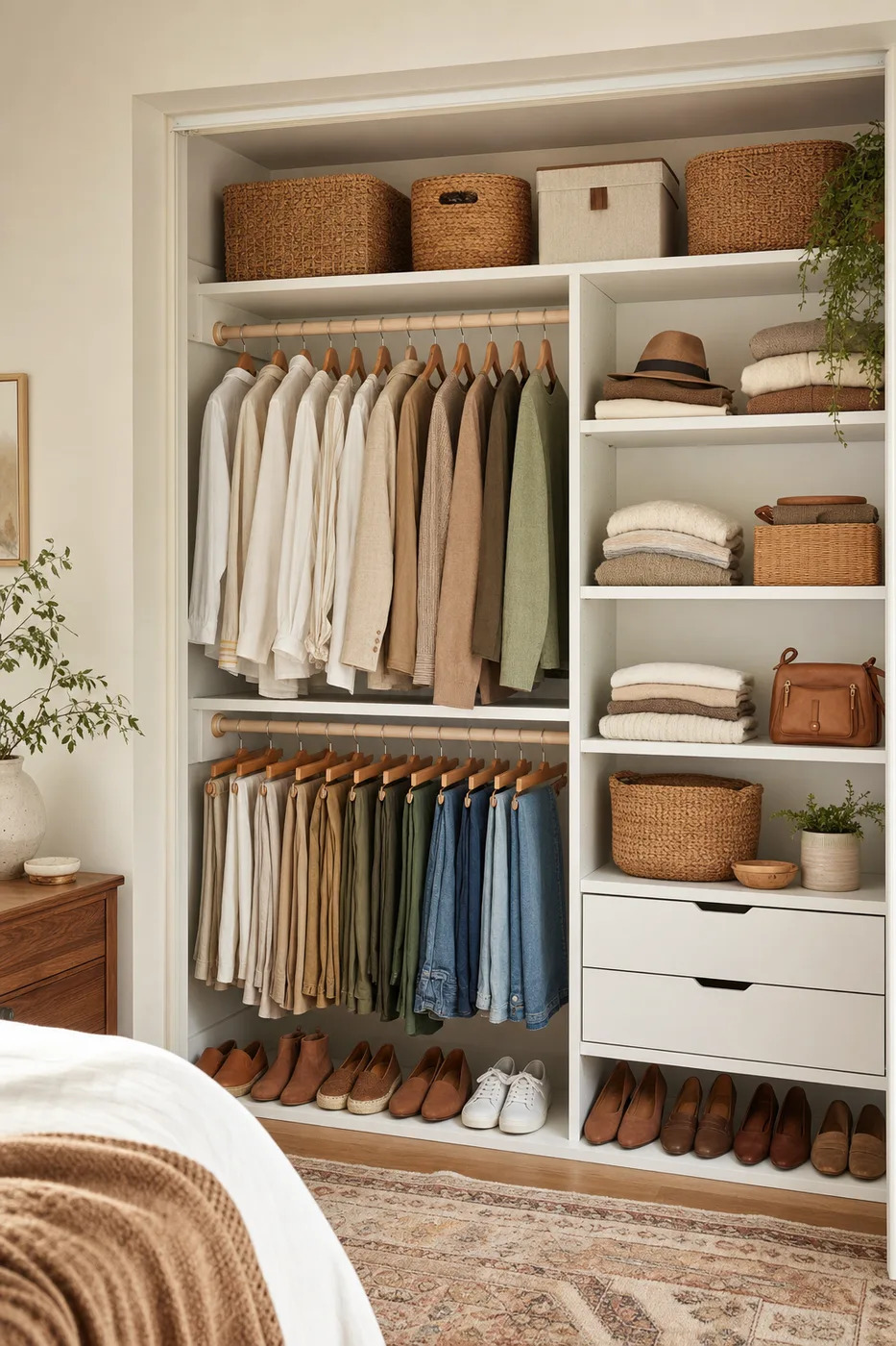 An organized reach-in closet with new white modular shelving, double-hang rods, and labeled baskets