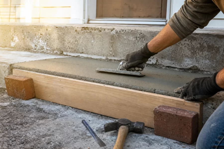 A steel trowel smoothing fresh gray resurfacer across a concrete step edge held by a wooden form board