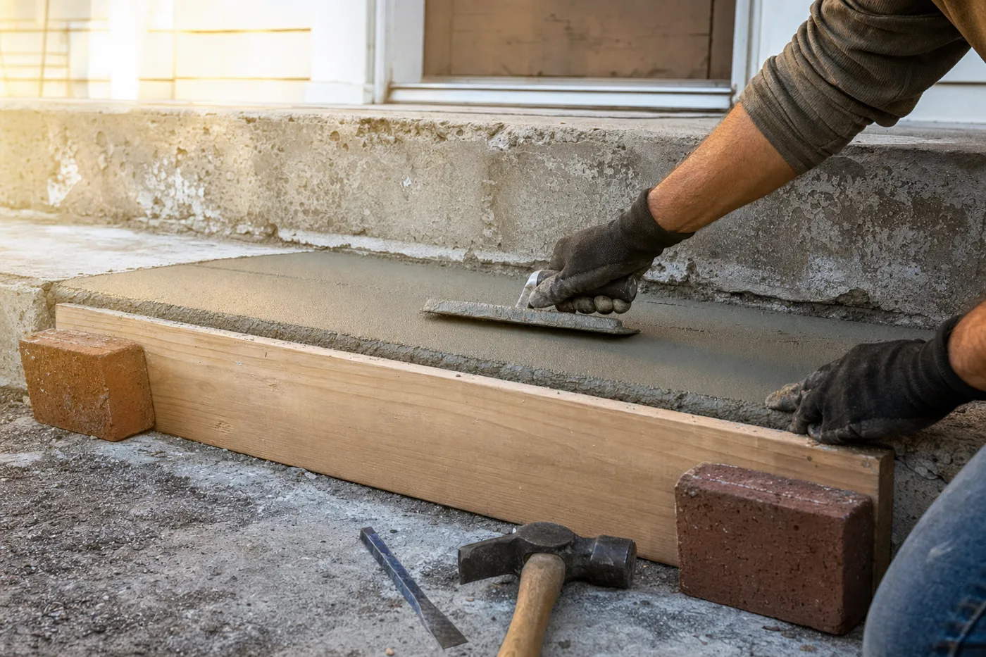 A steel trowel smoothing fresh gray resurfacer across a concrete step edge held by a wooden form board