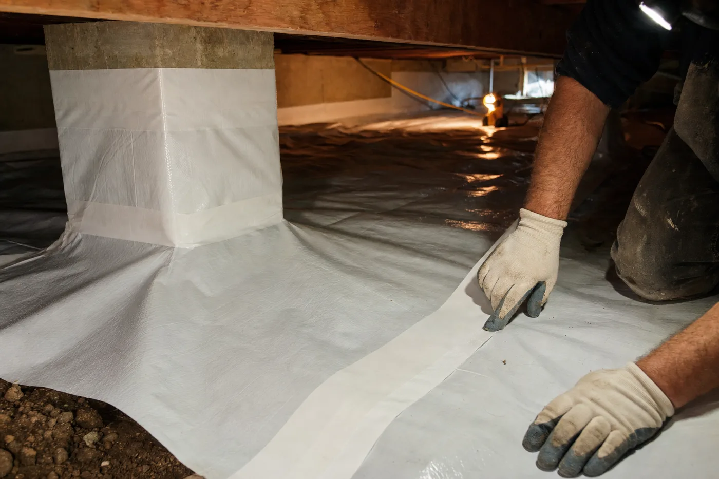 Heavy white polyethylene vapor barrier being unrolled across crawl space dirt and taped around a block pier