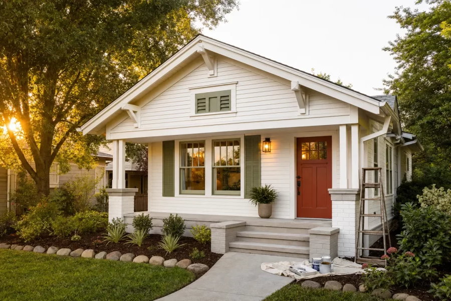 Craftsman bungalow with fresh white paint, sage green shutters, a rust-red front door, and tidy mulched beds