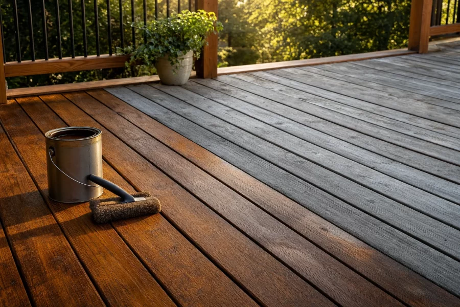 Backyard deck half restained in rich warm brown and half weathered gray, with a stain pad and open can of stain