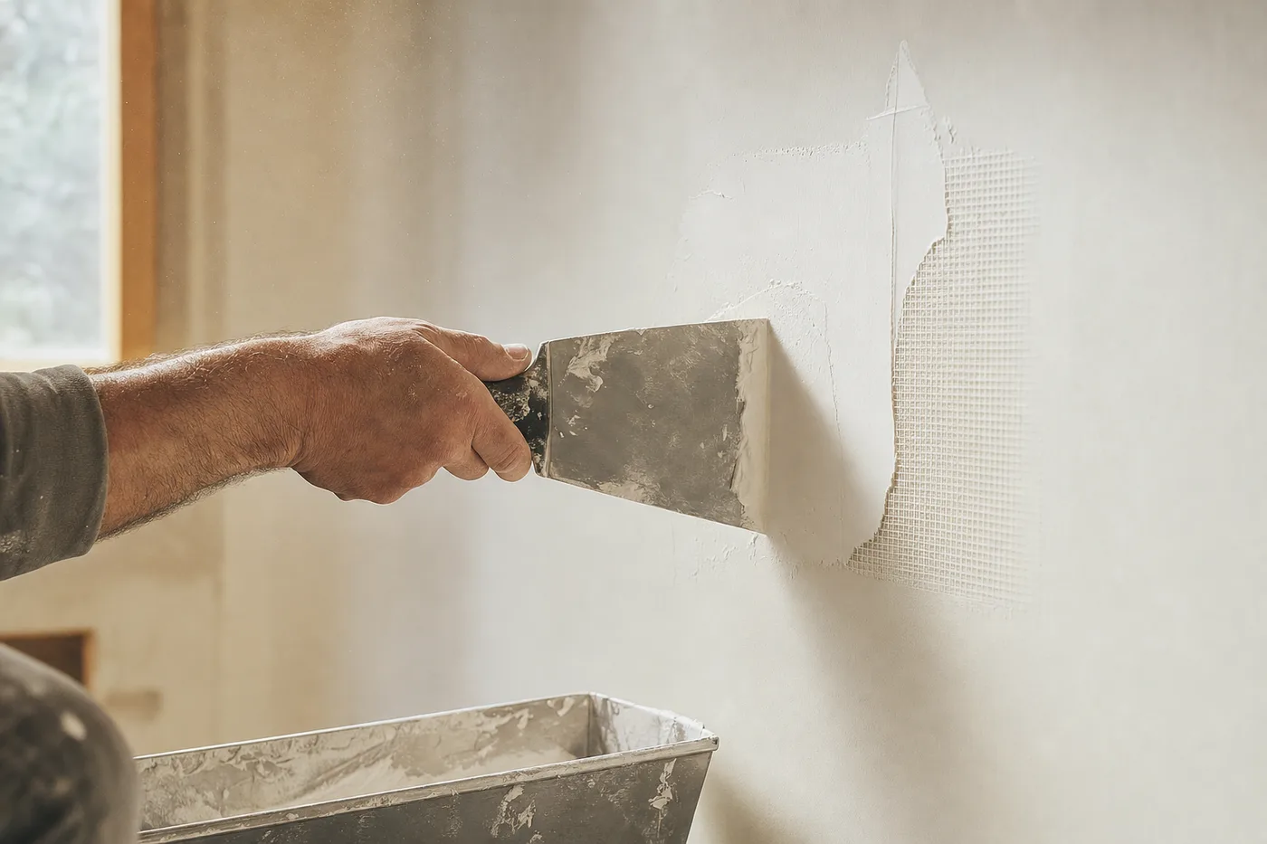 A wide putty knife feathering joint compound over a mesh patch on a smooth painted wall