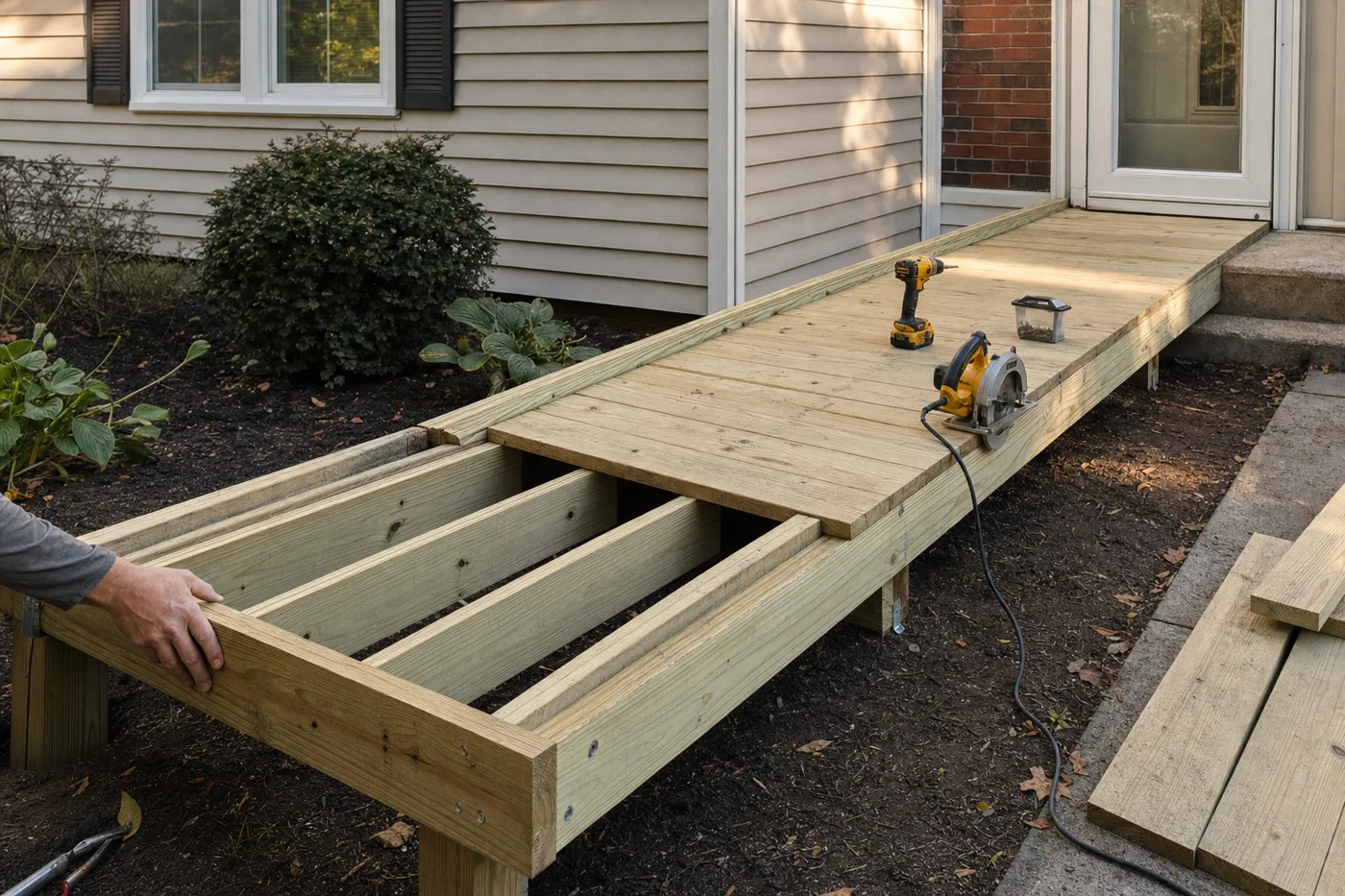 A pressure-treated wooden entry ramp under construction leading to a house door, framing and decking visible