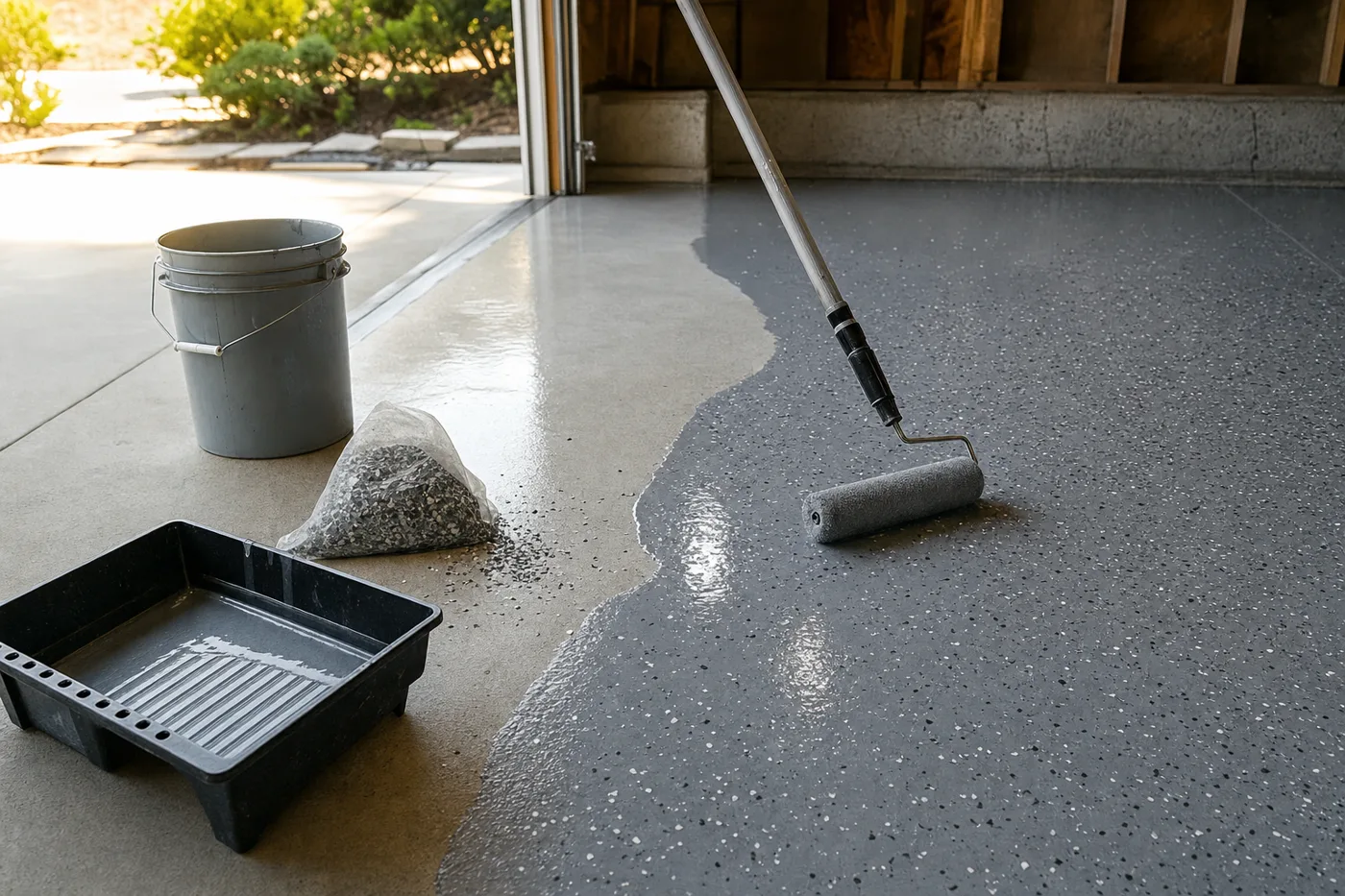 A roller spreading glossy gray epoxy across a clean garage slab, decorative color flakes scattered on the wet coating