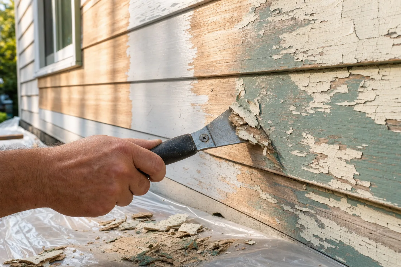 A scraper lifting failed paint from wood lap siding in warm light, clean primed boards visible alongside