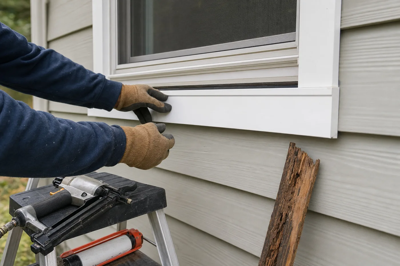 Gloved hands fitting a new white trim board under a window on gray lap siding, a rotted board leaning against the wall