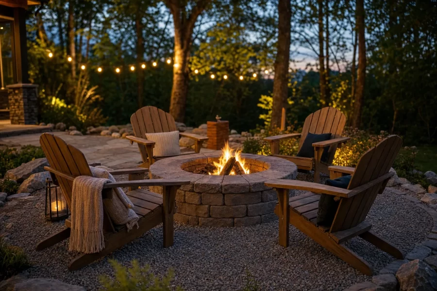 A stone fire pit with glowing evening fire on a circular gravel patio, Adirondack chairs arranged around it
