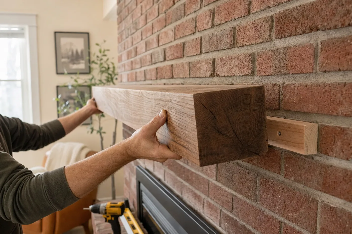 A thick wooden mantel beam being set onto a mounting cleat above a brick fireplace