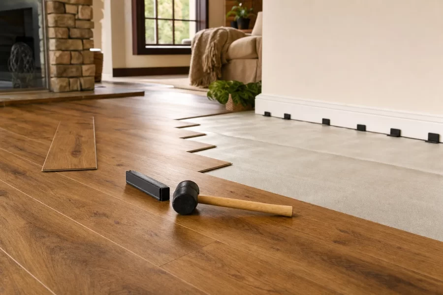Luxury vinyl plank flooring being installed across a living room with a tapping block, mallet, and underlayment visible