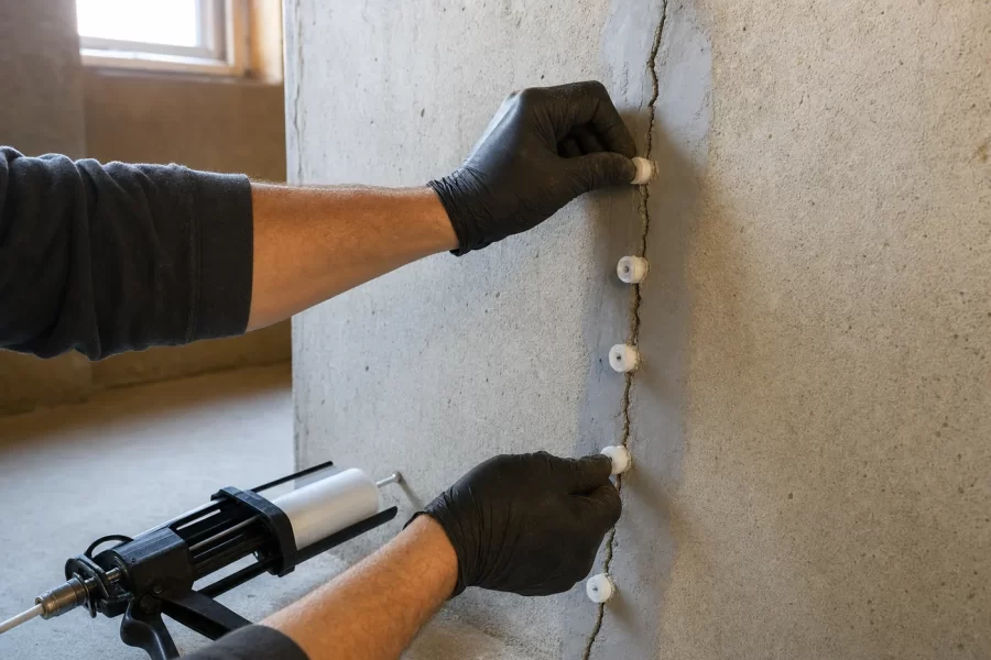 Plastic injection ports glued along a hairline crack in a poured concrete basement wall, epoxy cartridge nearby