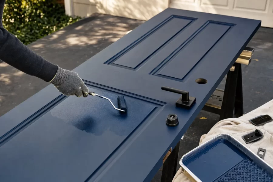 A navy front door laid across sawhorses being painted with a small roller, matte black hardware and tray beside it