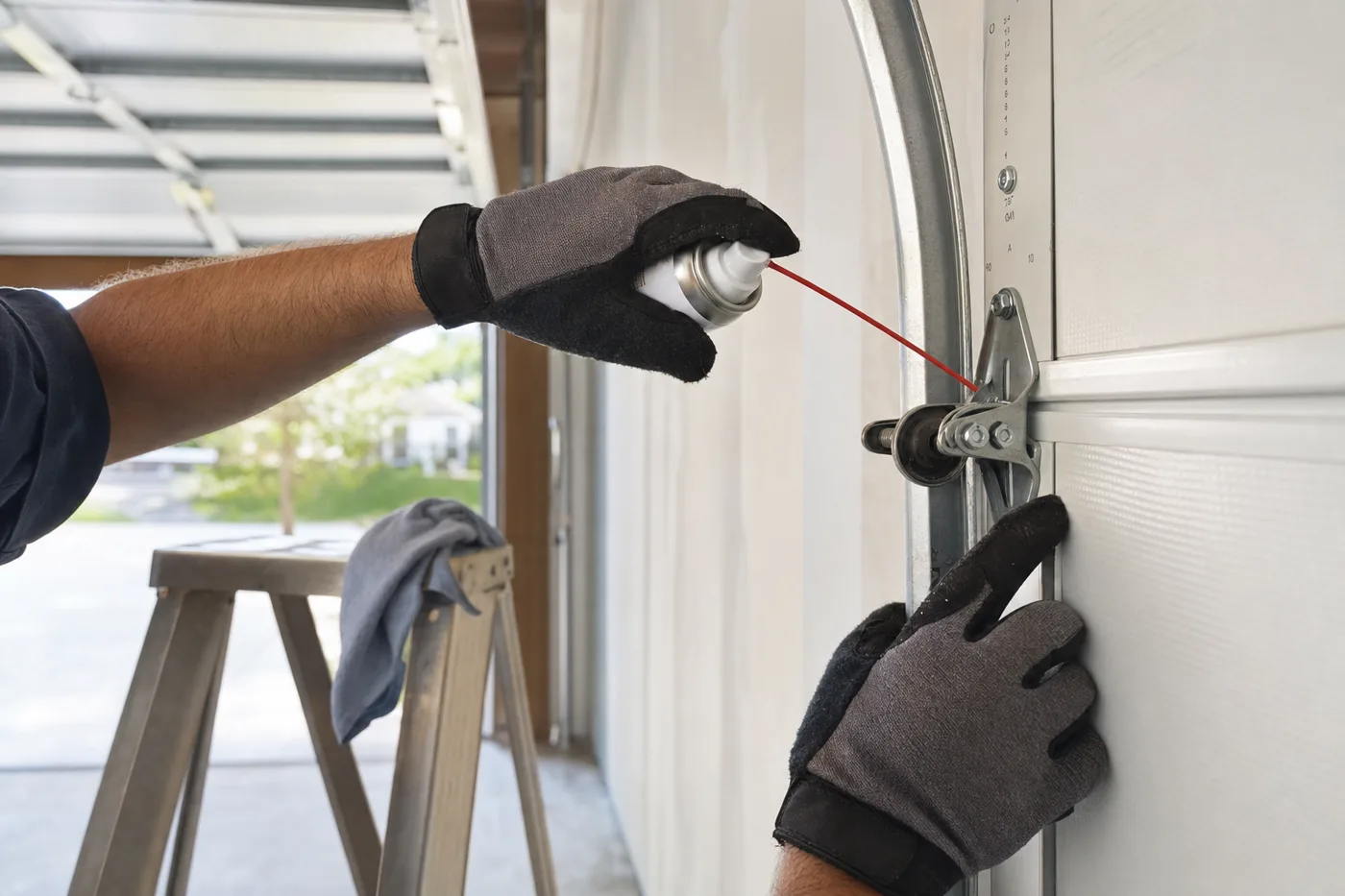 Gloved hands spraying lubricant onto a garage door roller bracket beside the track, stepladder standing in the bay