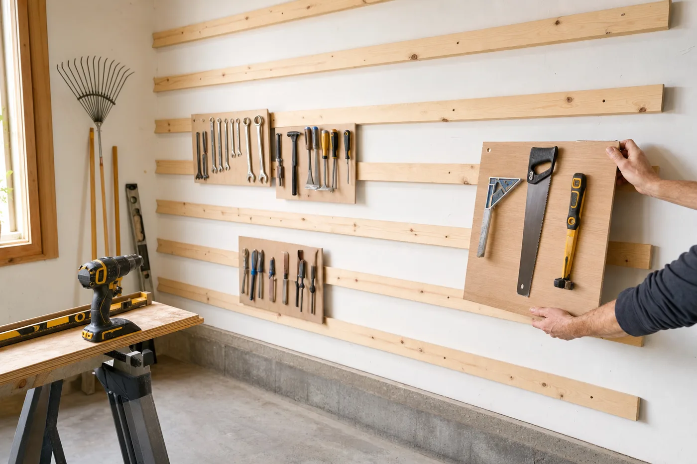 A garage wall lined with wooden french cleats holding tool racks above a clean concrete floor