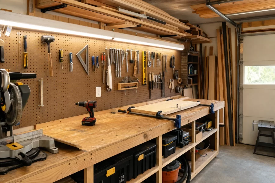 A sturdy plywood workbench along a garage wall with pegboard tools, bright shop lights, and lumber storage above