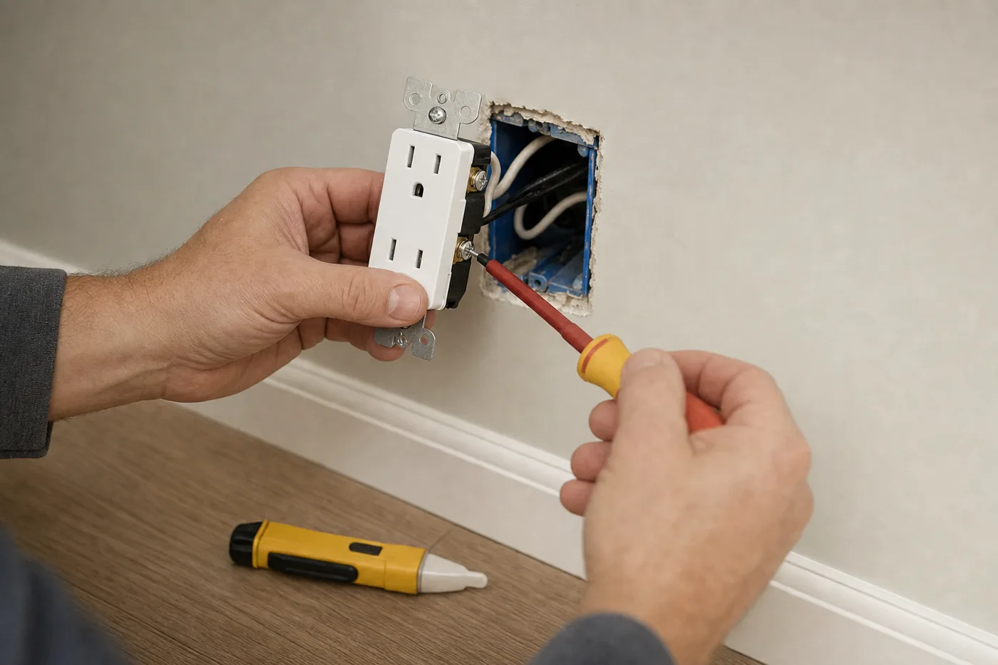 A new GFCI outlet being wired into a wall box with a voltage tester resting nearby