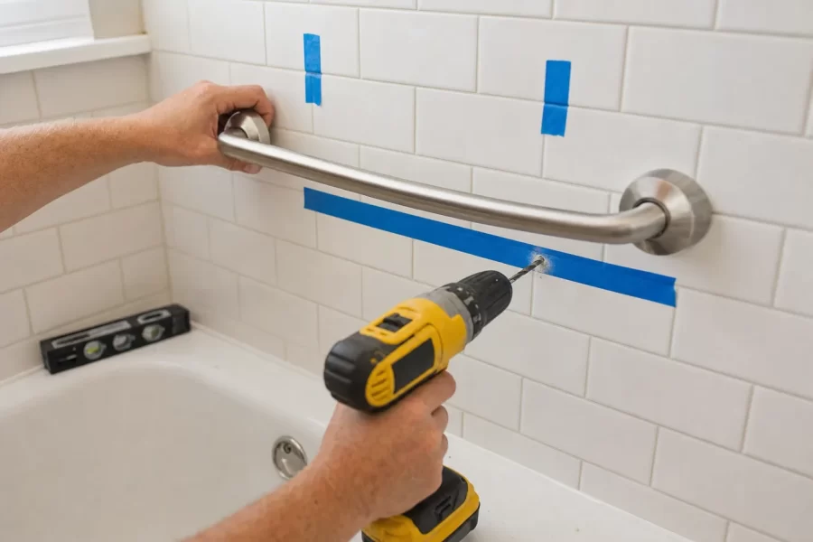 A stainless steel grab bar being mounted onto white tile beside a bathtub with a drill nearby