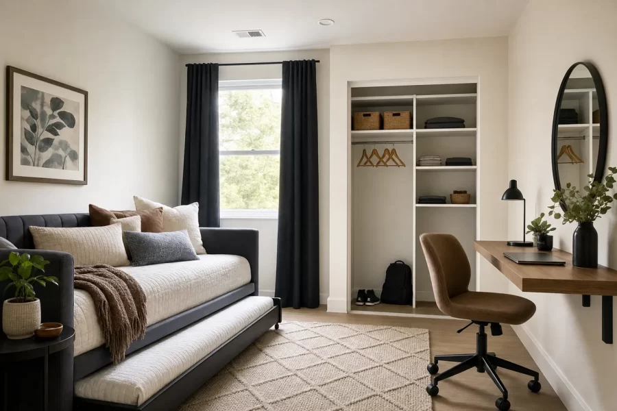 A bright flex room with a daybed, wall-mounted desk, and neatly organized closet shelving