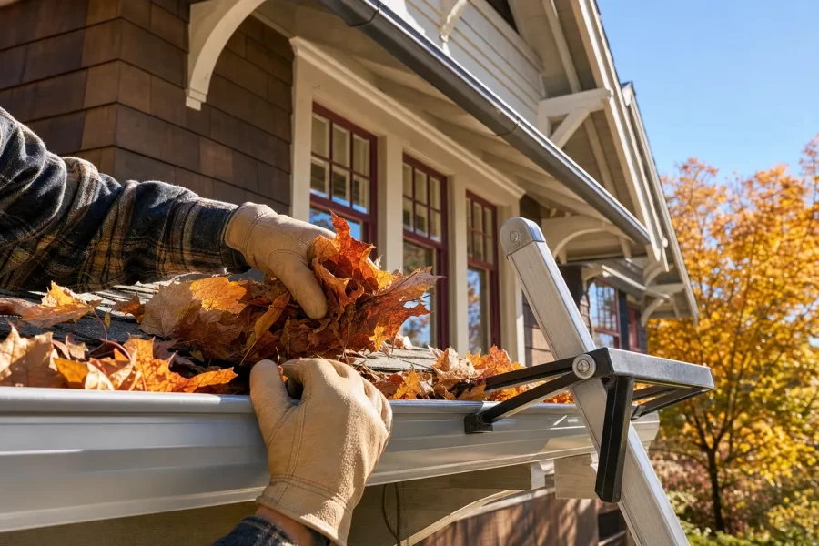 Leaves being scooped from an aluminum gutter at the eave of a craftsman house on a bright fall morning