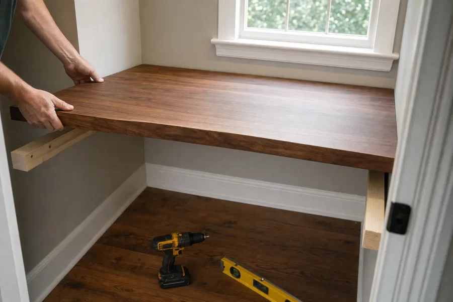 A solid wood desktop being set onto wall cleats between two alcove walls in a home office