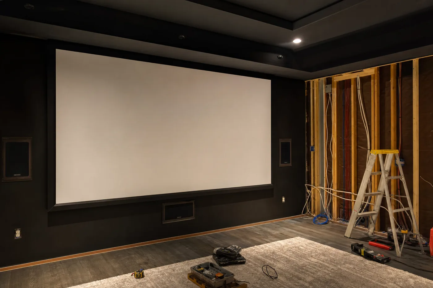 A basement media room mid-build with a projector screen wall, wiring runs, and dark painted walls