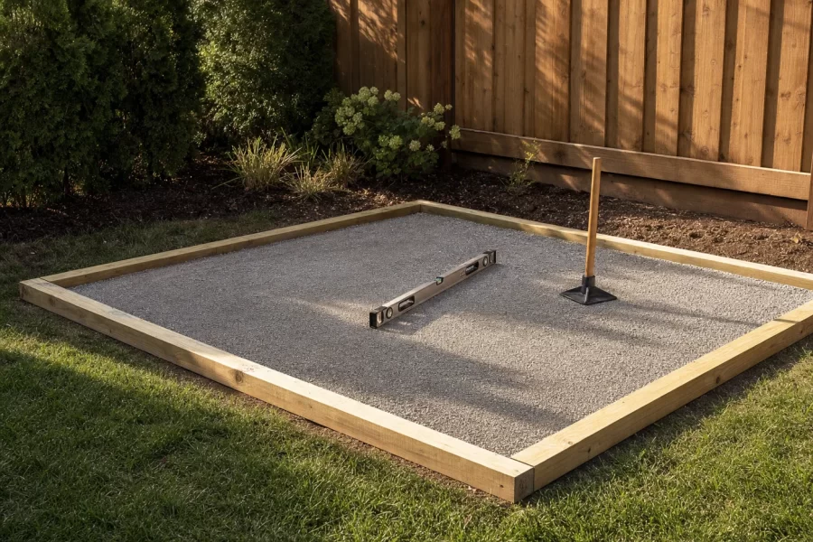 A compacted gravel pad framed with timber sitting level in a backyard corner, tamper and level resting on it