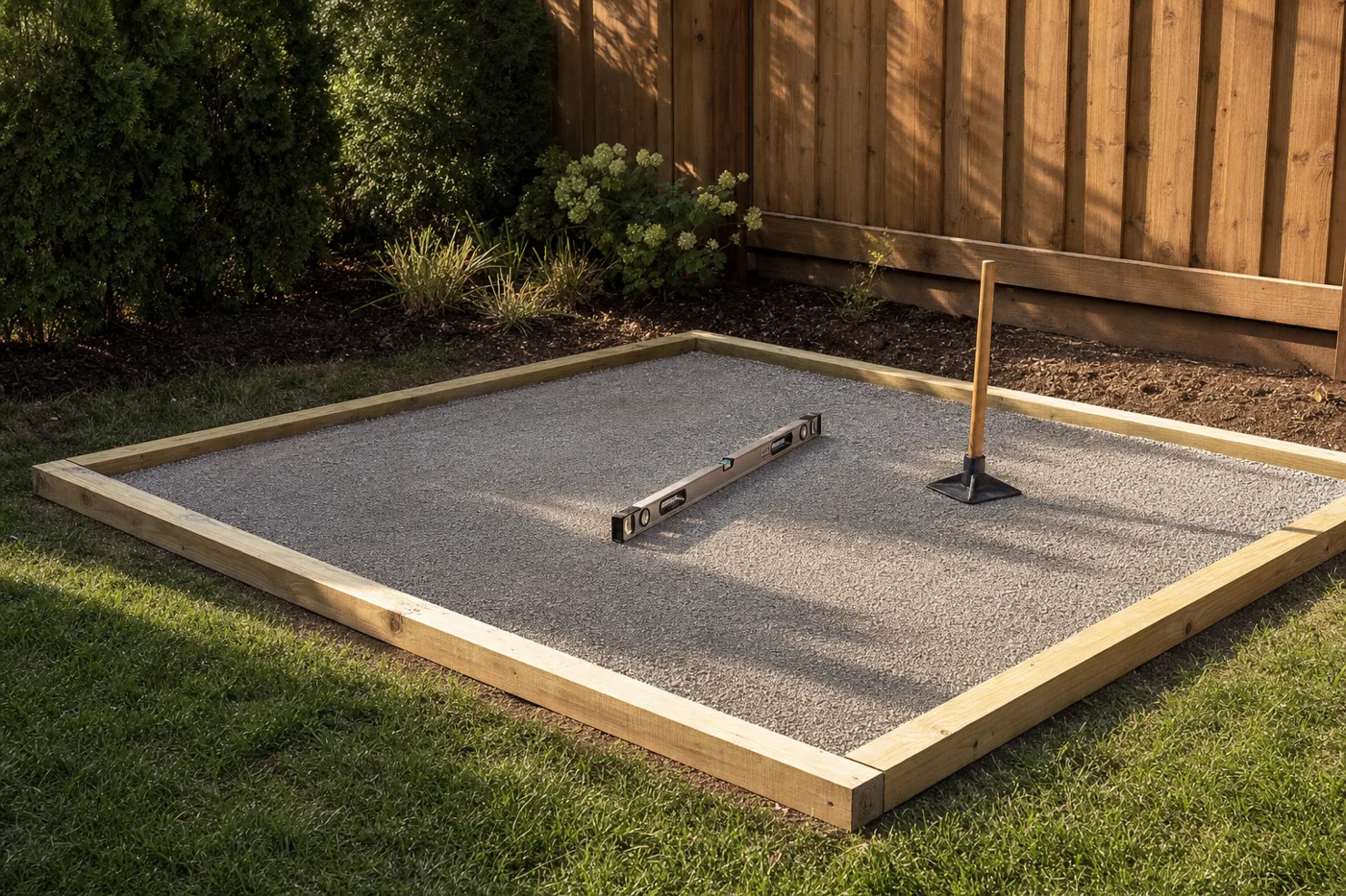 A compacted gravel pad framed with timber sitting level in a backyard corner, tamper and level resting on it
