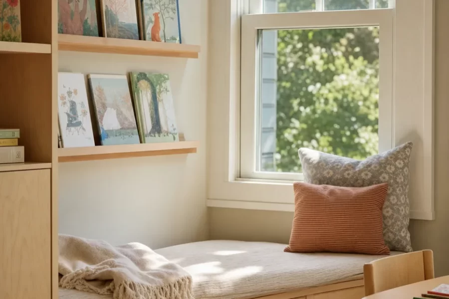 A cozy built-in window bench reading nook with a cushion, low bookshelves, and soft daylight