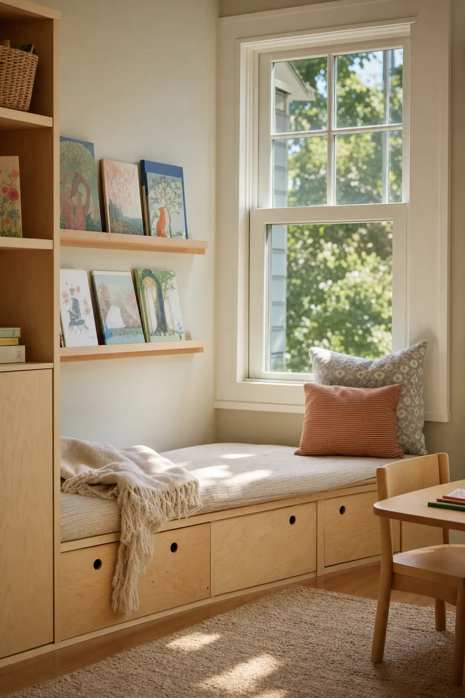 A cozy built-in window bench reading nook with a cushion, low bookshelves, and soft daylight