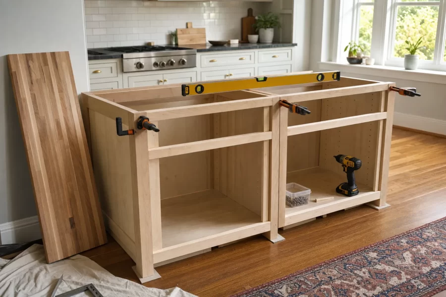 Two unfinished stock base cabinets joined into a kitchen island frame with clamps and a level on top