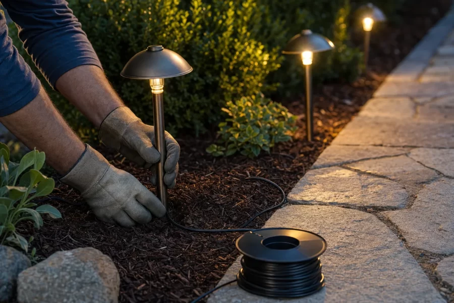 Gloved hands setting a low-voltage path light into a mulched bed at dusk beside a stone walkway and cable spool
