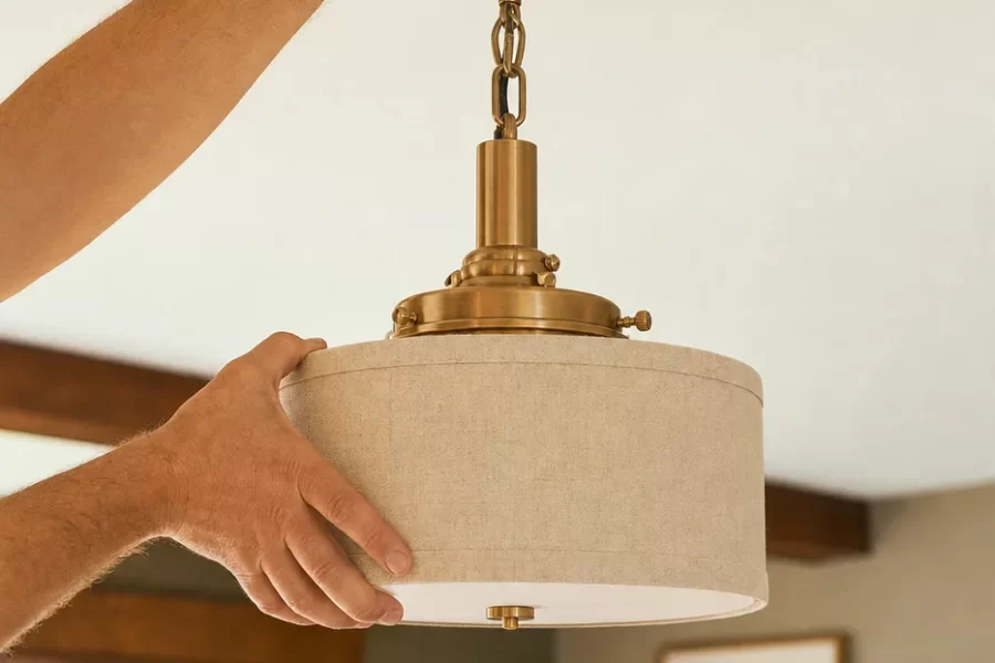 A warm brass and linen pendant light being installed on a white ceiling, wires connected with orange nuts