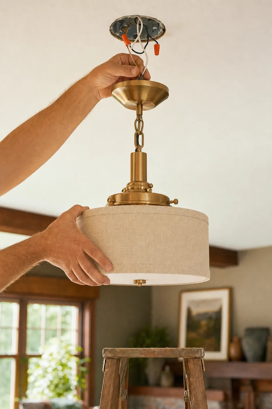 A warm brass and linen pendant light being installed on a white ceiling, wires connected with orange nuts