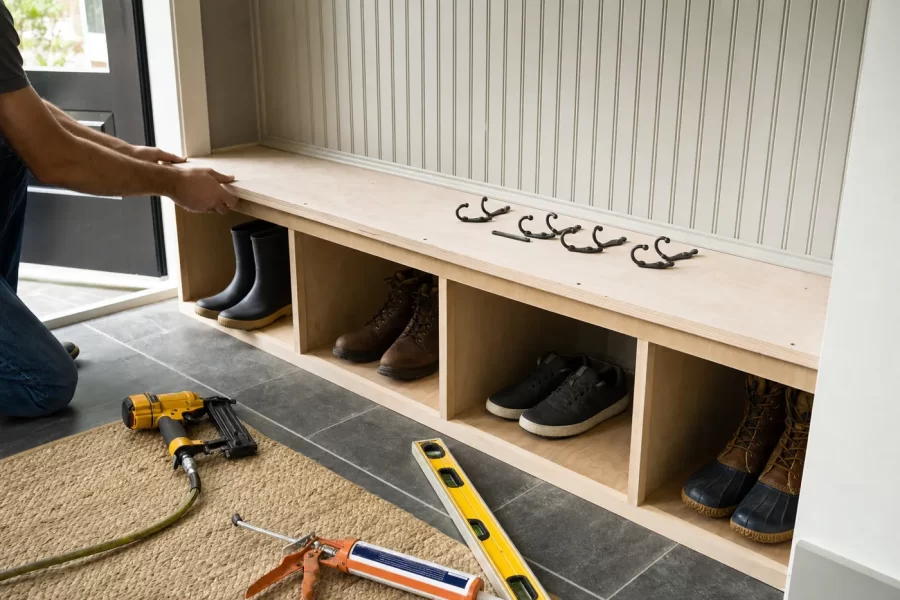 A partially built wooden mudroom bench with shoe cubbies and a beadboard panel with coat hooks