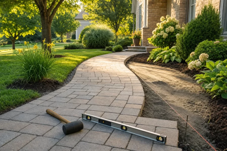 A curved paver walkway through a green front yard, rubber mallet and level resting on freshly laid stones