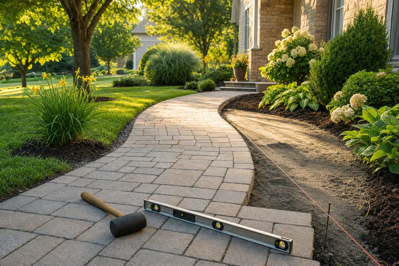 A curved paver walkway through a green front yard, rubber mallet and level resting on freshly laid stones